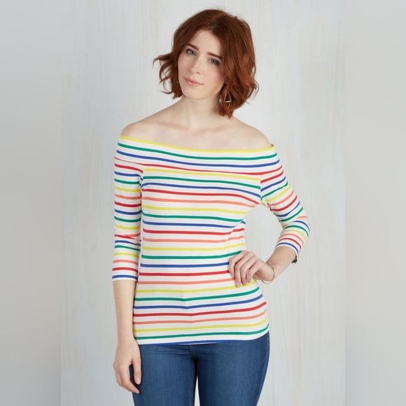 Fervour Tops - ModCloth, Retro Style - Cafe Parfait Top in Rainbow - 3/4 Sleeves